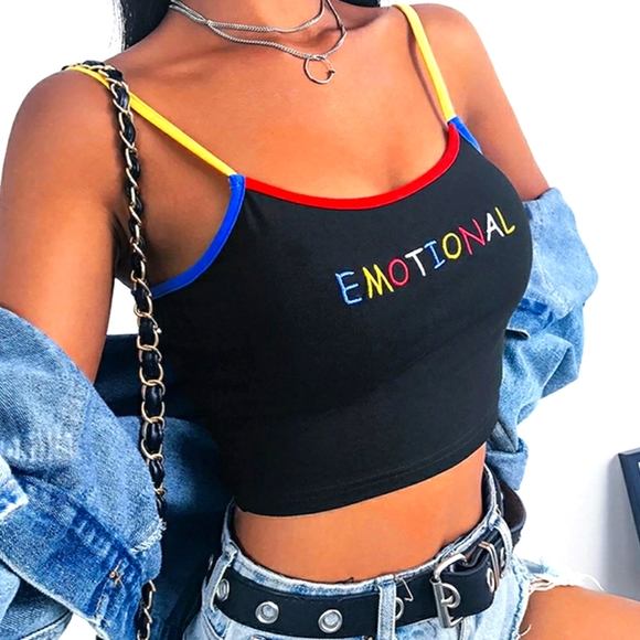 Emo Crop Top Color Block Emotional Print Tank - Picture 2 of 9